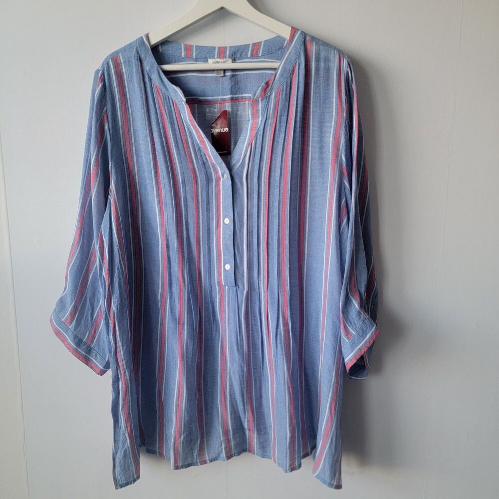Avenue womens Striped Three Quarter Sleeve Button-up Shirt sz 18/20 Blue popover